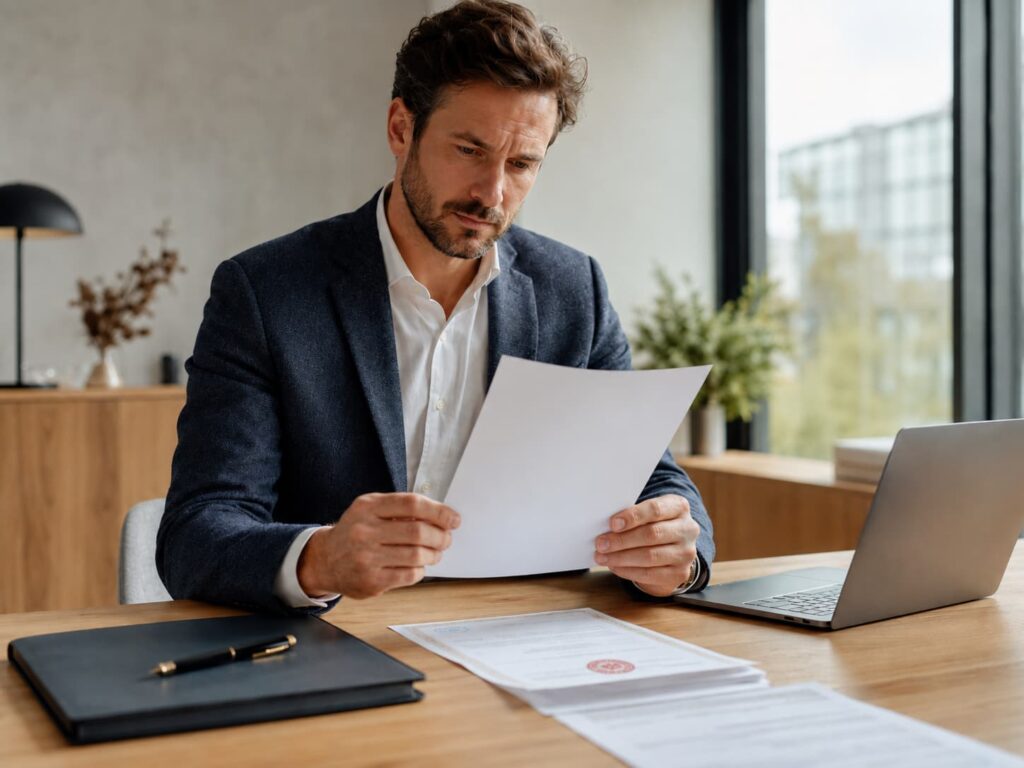 Do Apostilles expire?Professional reviewing an Apostille certificate with a red seal at his desk to check validity and acceptance window – NotaryPublic24 Apostille expiry guide