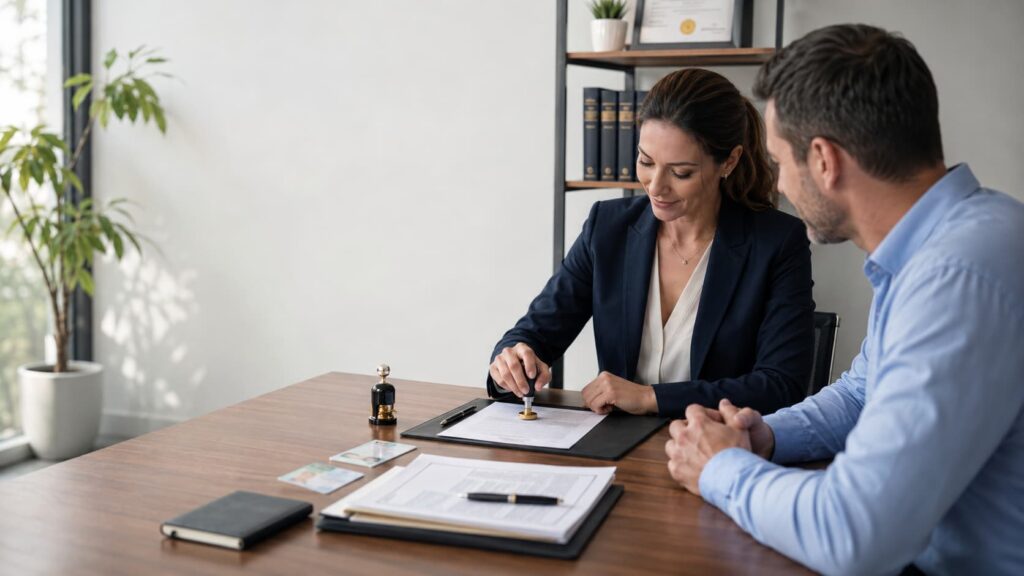Notary Public stamping a notarization certificate during a witnessed signing session with the client, ID and seal on the desk – NotaryPublic24 notarization guide by document type and how to notarize an affidavit