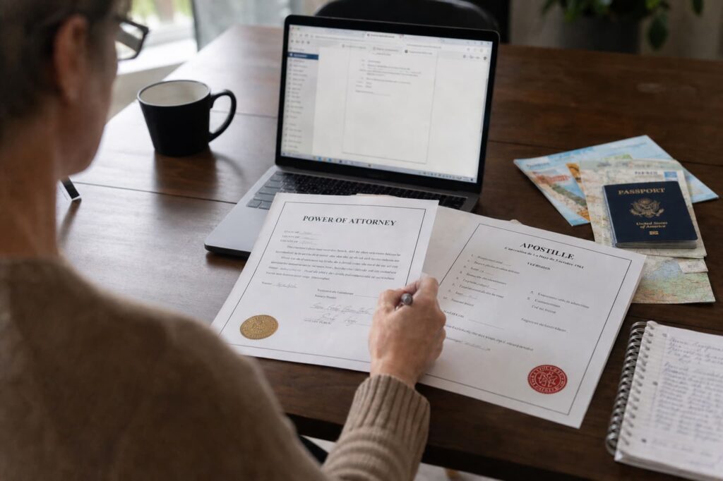 Person signing Power of Attorney with apostille certificate for international legal use, passport and documents on desk in natural office setting