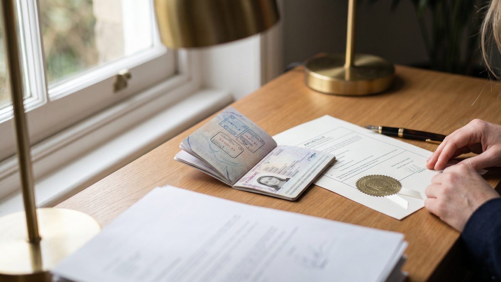 Person preparing a sworn statement with a passport and documents at a desk – NotaryPublic24 guide to affidavit types in the UK, notarization and Apostille