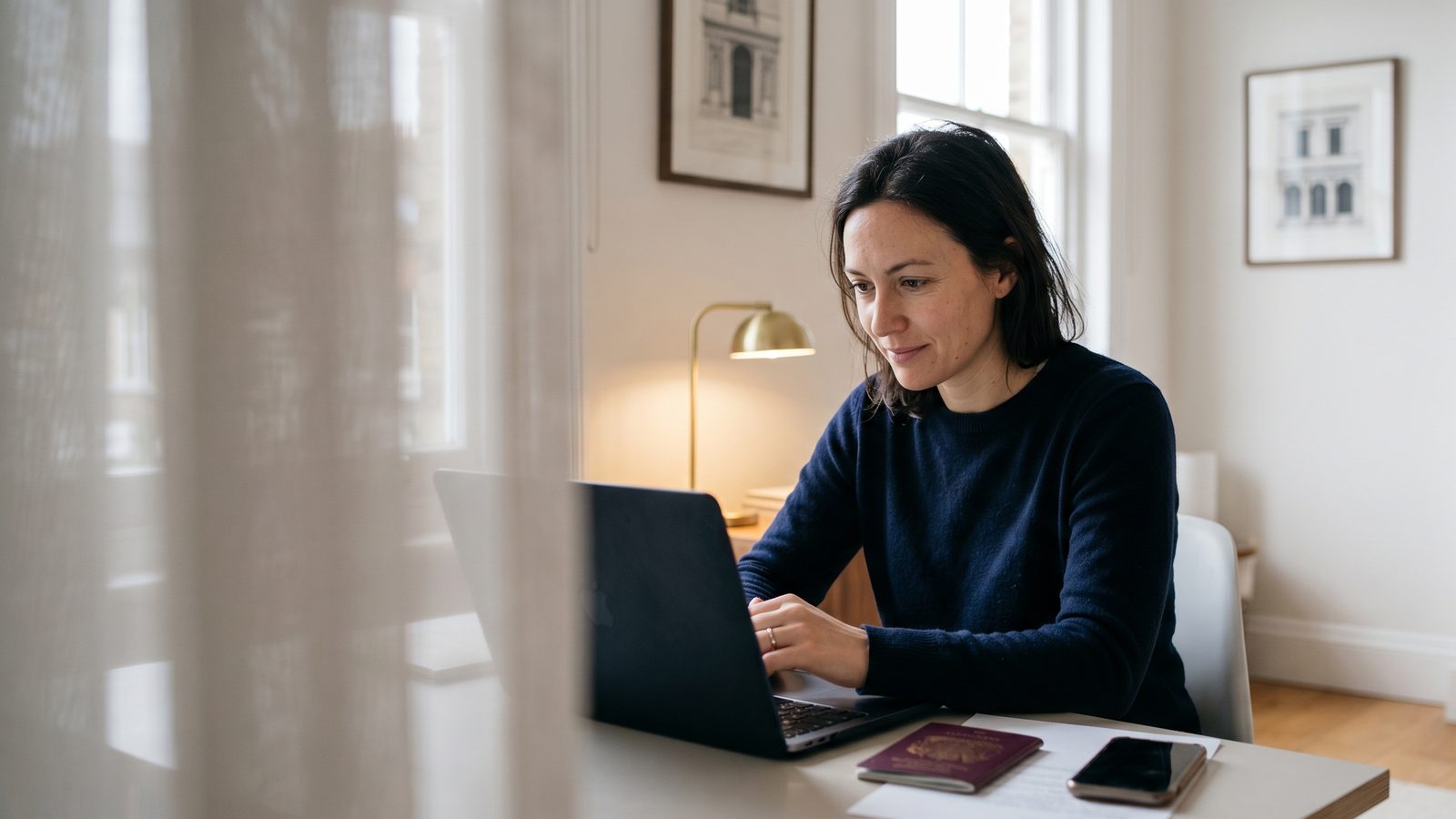 Expat working at a home desk with a laptop and passport – NotaryPublic24 guide to IRS Form 2848 tax power of attorney, notarization and Apostille