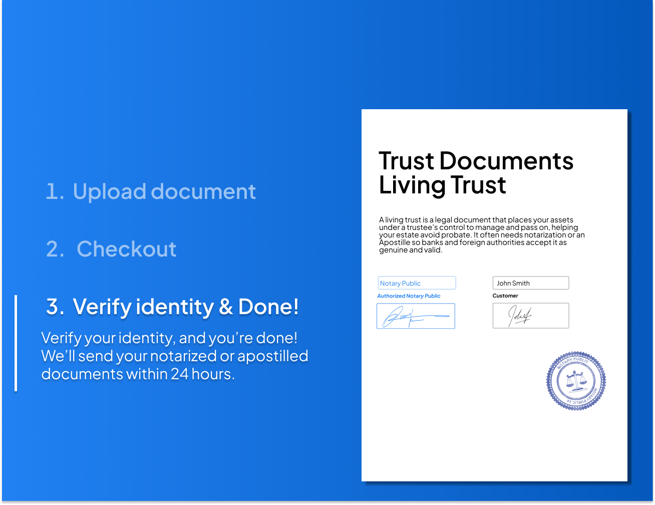 Living trust document prepared online, ready for notarization and Apostille with NotaryPublic24