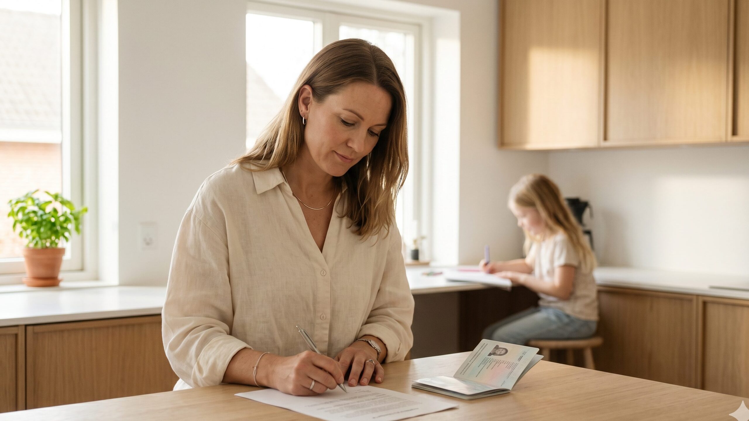 Minor travel consent apostille being signed by a parent at home before international travel with her child — preparing the document chain for abroad.