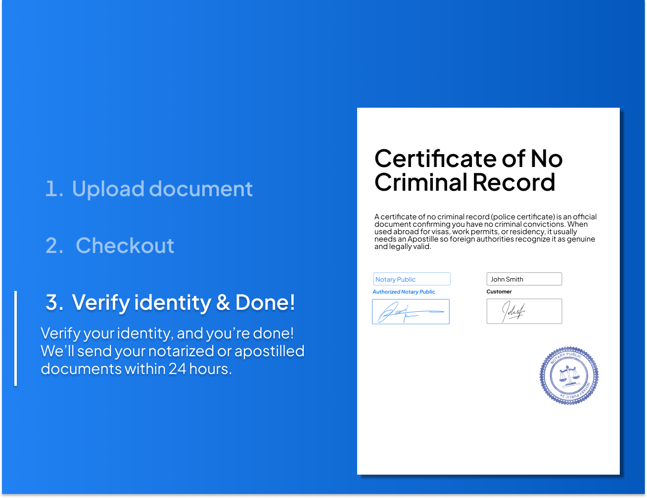 Police clearance certificate prepared online, ready for Apostille and translation with NotaryPublic24