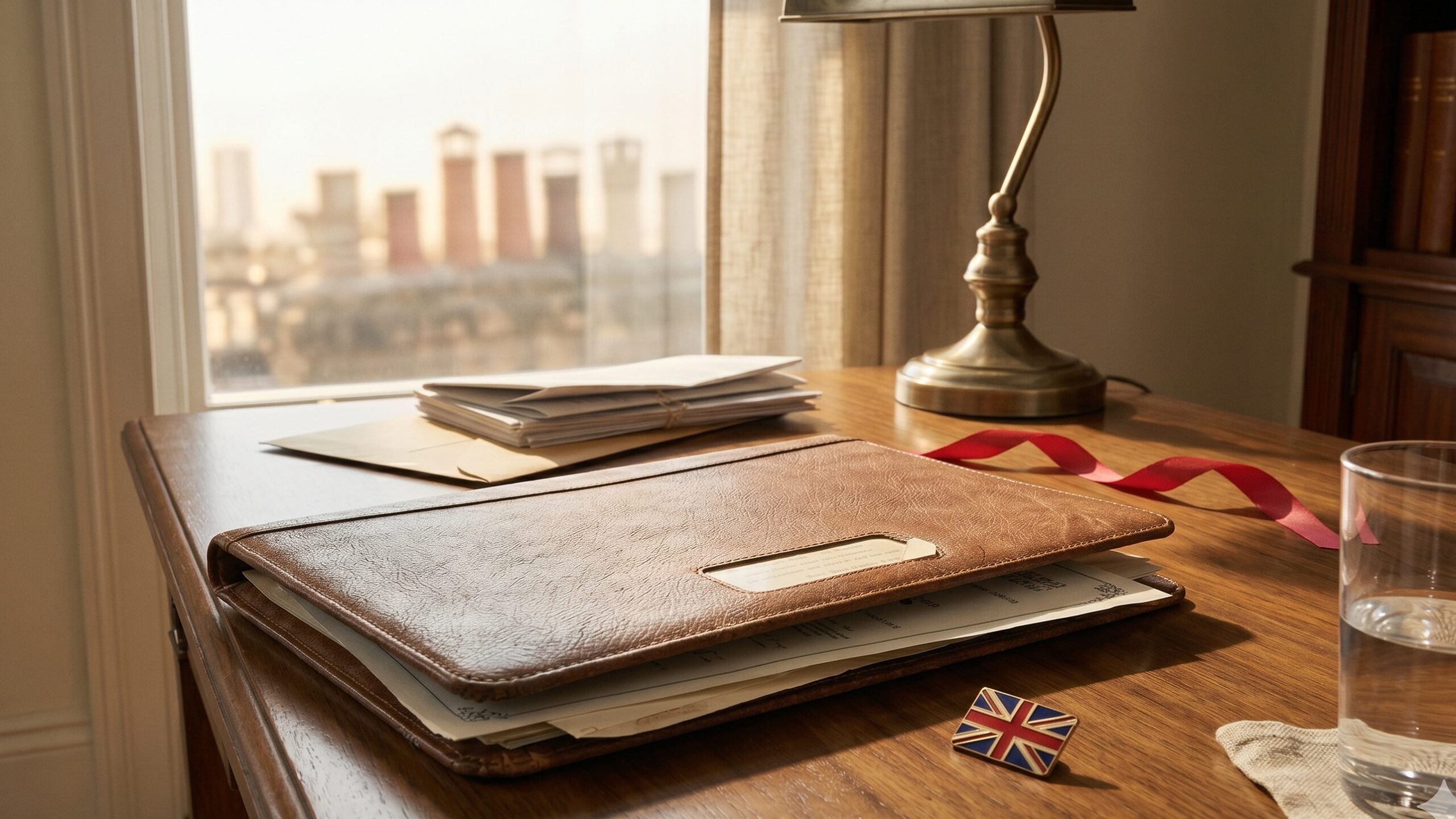Leather document portfolio with red silk ribbon and a Union Jack pin on a sunlit oak desk – sworn vs certified translation guide by NotaryPublic24