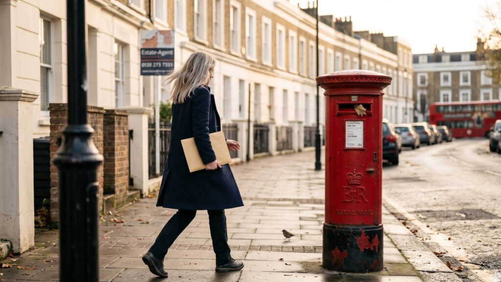 Woman walking past a red Royal Mail postbox on a London side-street with a sealed manila envelope – UK Apostille turnaround by NotaryPublic24