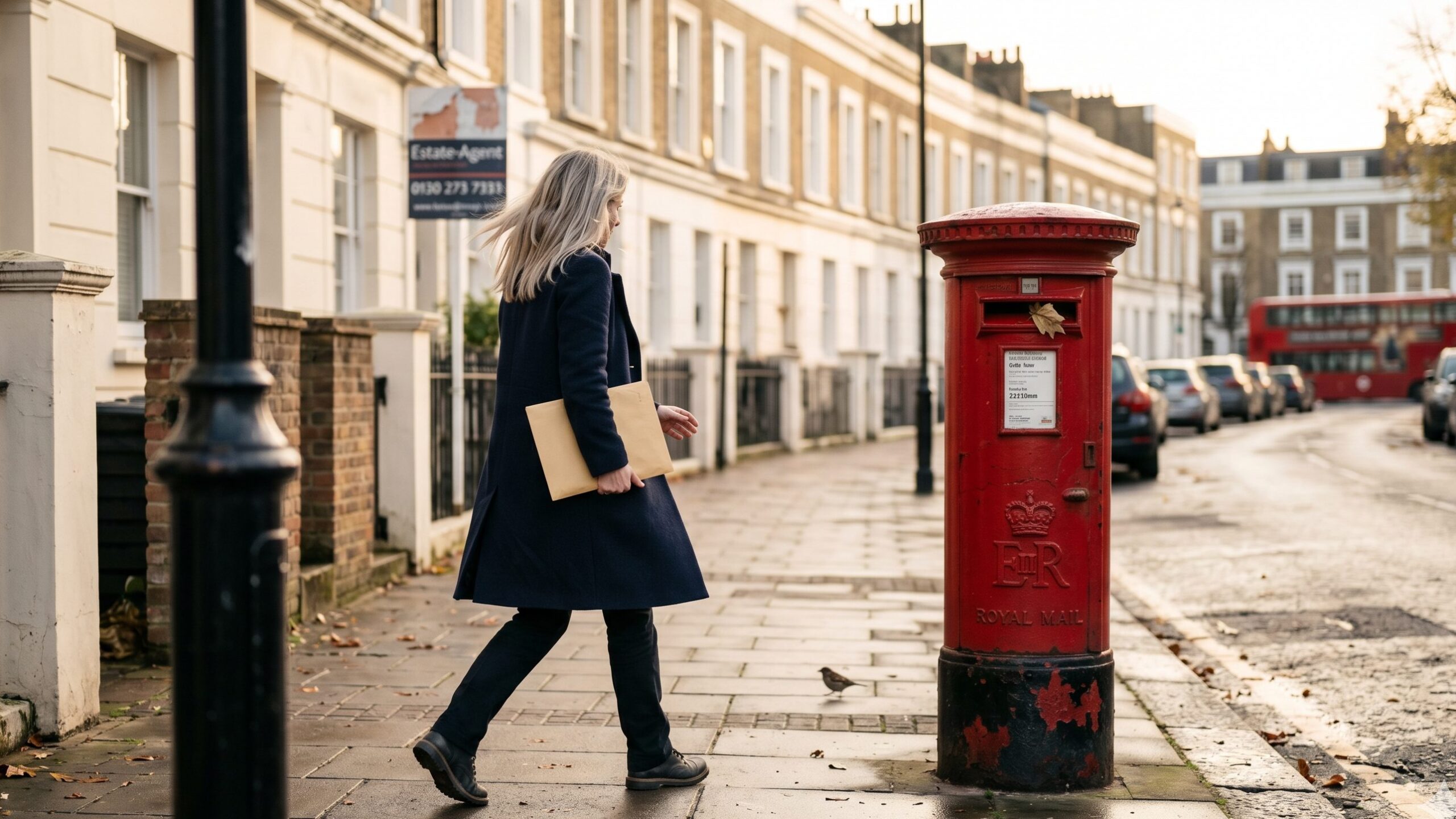 Woman walking past a red Royal Mail postbox on a London side-street with a sealed manila envelope – UK Apostille turnaround by NotaryPublic24