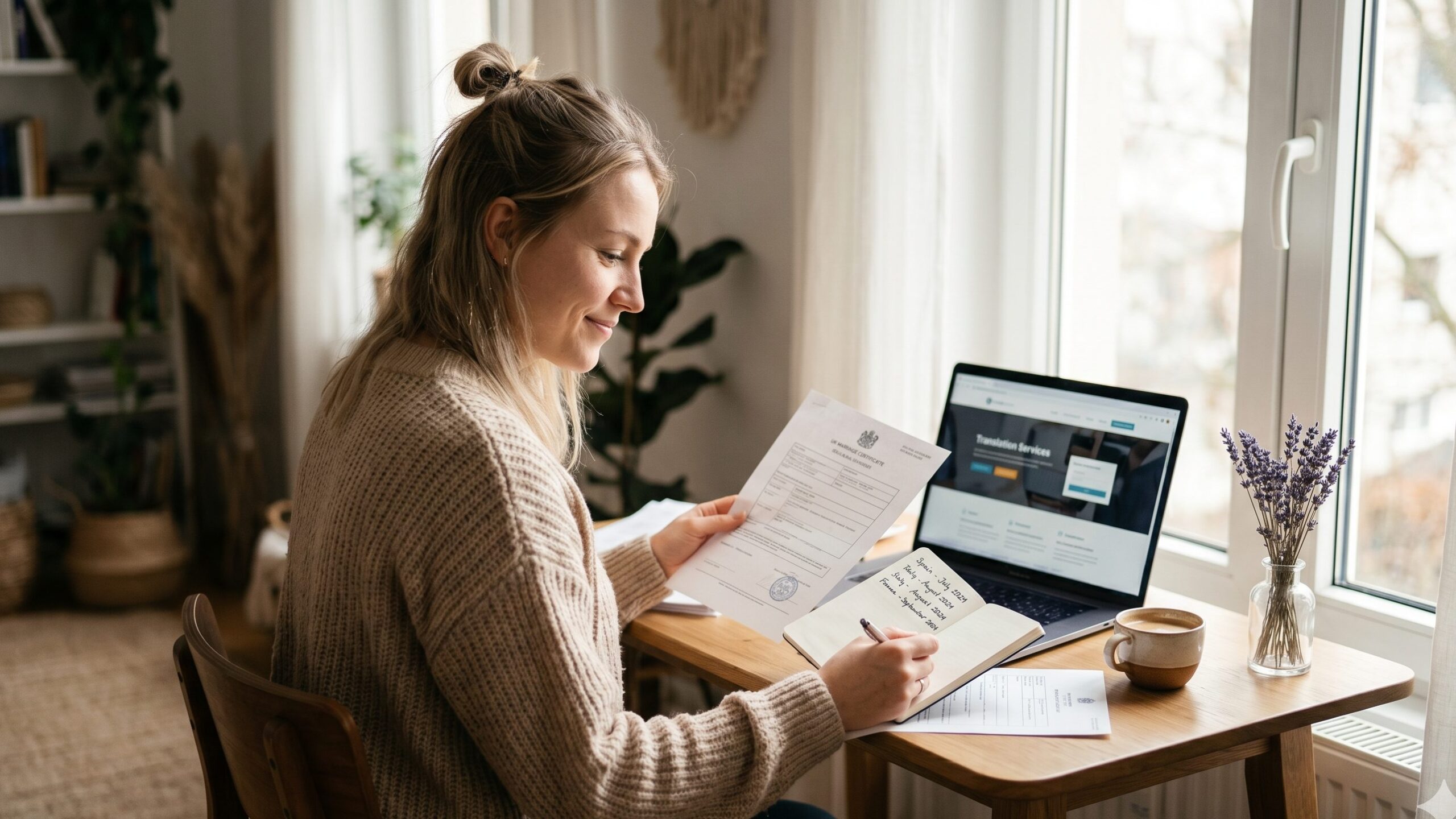 UK marriage certificate apostille planning at a home desk — woman comparing country-by-country requirements for her wedding abroad.