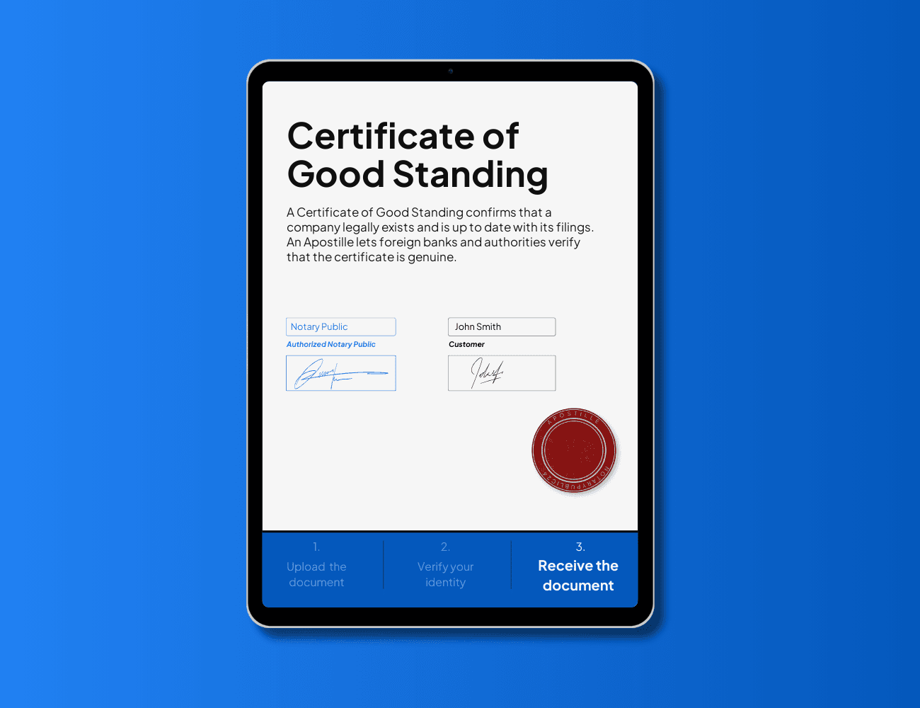 Certificate of Good Standing document on a tablet with Apostille seal, legalized online by NotaryPublic24