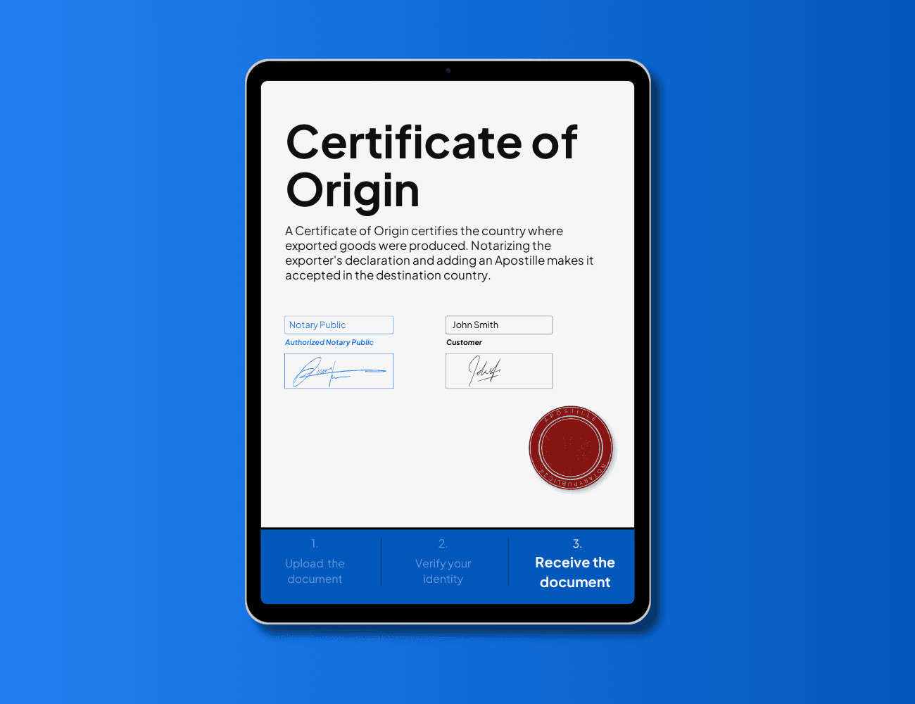 Certificate of Origin export document on a tablet with Apostille seal, notarized and legalized online by NotaryPublic24