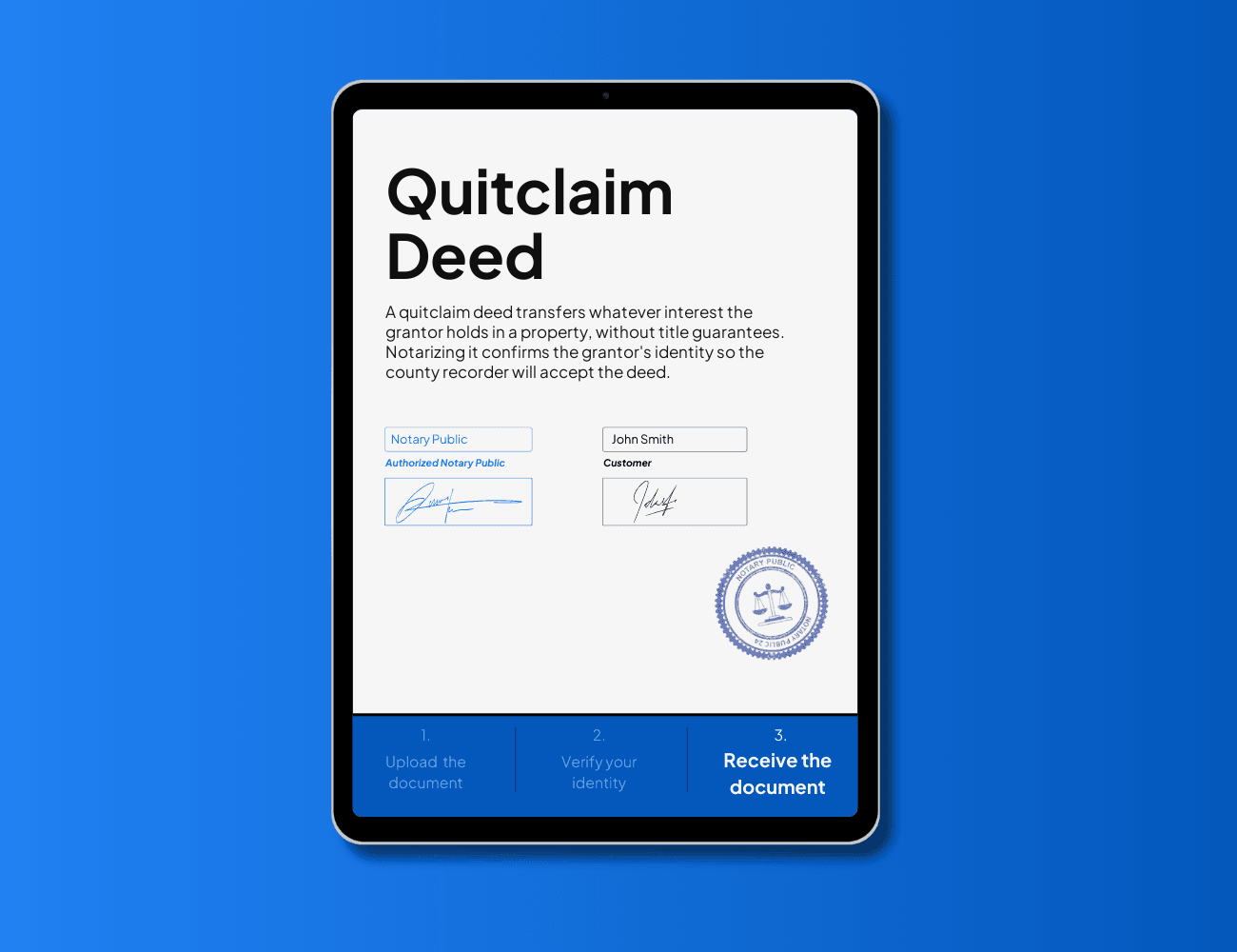 Quitclaim deed document on a tablet with notary public seal, notarized online by NotaryPublic24