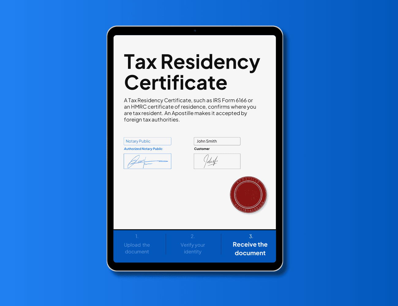 Tax Residency Certificate (IRS Form 6166 or HMRC certificate of residence) on a tablet with Apostille seal – NotaryPublic24