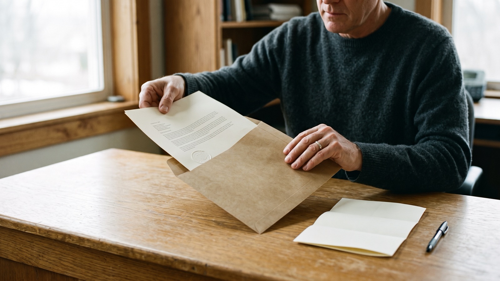FBI background check apostille for Spain – man placing an FBI Identity History Summary with embossed seal into a mailing envelope for the US Department of State, NotaryPublic24 digital nomad visa guide