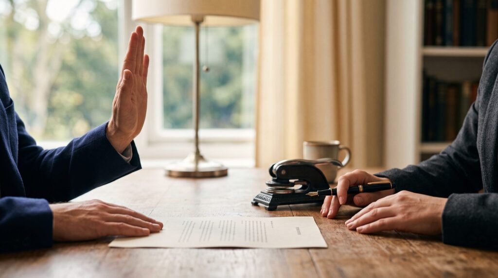 Jurat vs Acknowledgment: Key Differences Explained 4 jurat vs acknowledgment – signer raising a hand to take an oath before a notary, with a notary embosser and an unsigned document on the desk – NotaryPublic24
