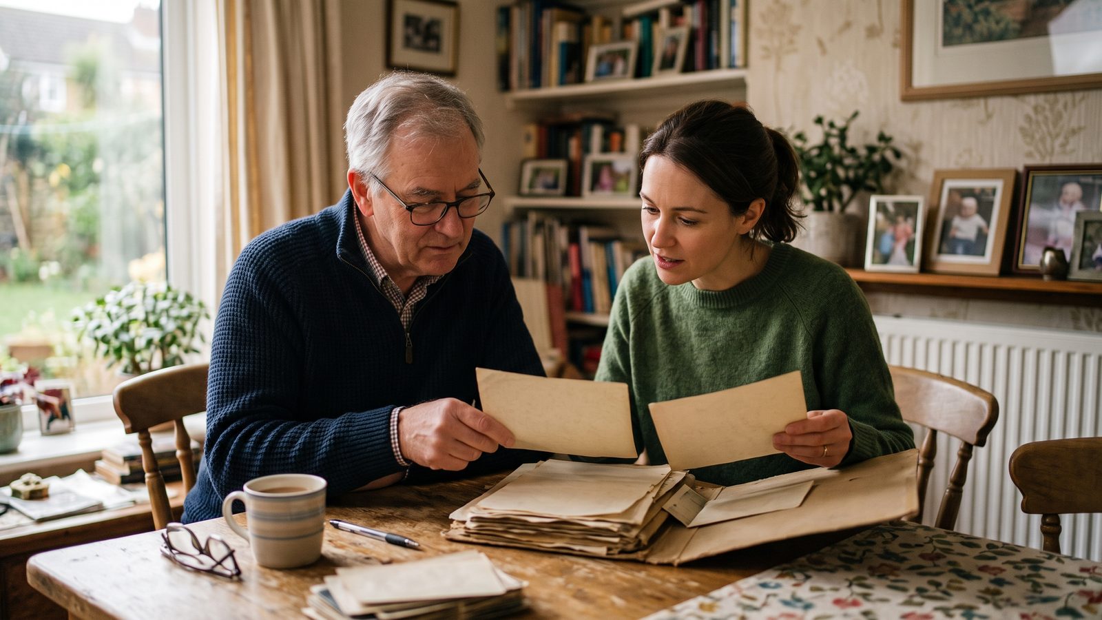 No birth certificate: a father and his adult daughter searching through a folder of old family papers at the dining table