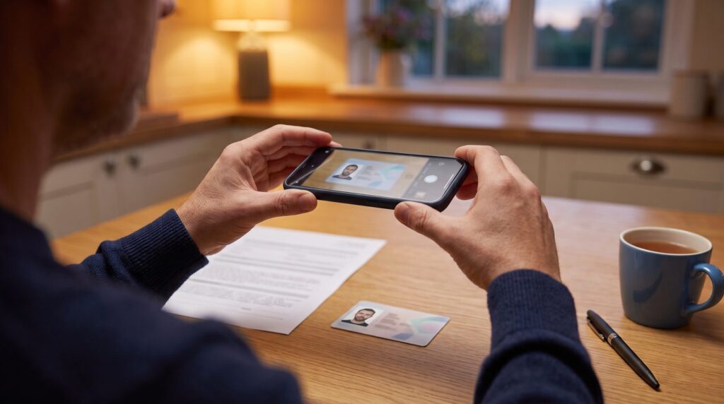 Does the Post Office Notarize? Where to Go Instead 6 does the post office notarize – person photographing a photo ID with a smartphone for an online notarization at a kitchen table – NotaryPublic24