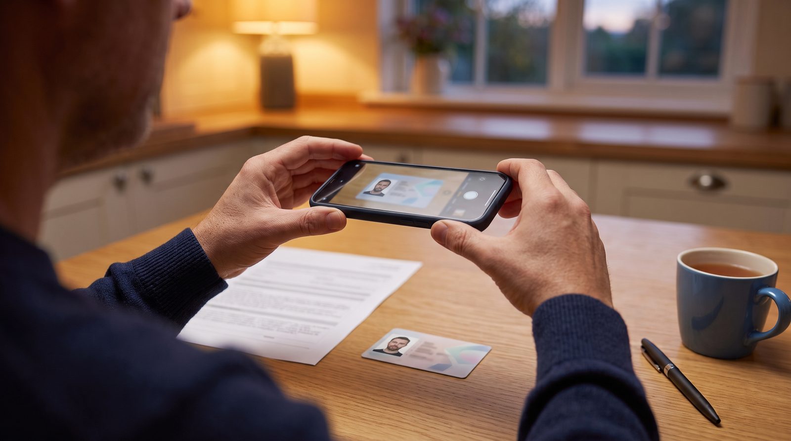 does the post office notarize – person photographing a photo ID with a smartphone for an online notarization at a kitchen table – NotaryPublic24
