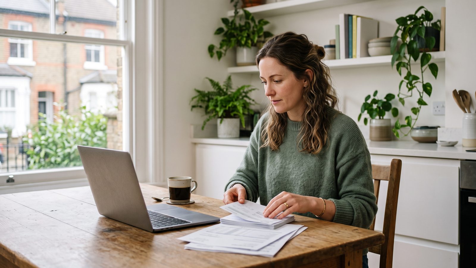 Proof of income without pay stubs: a woman sorting bank statements and a tax return at her kitchen table beside a laptop