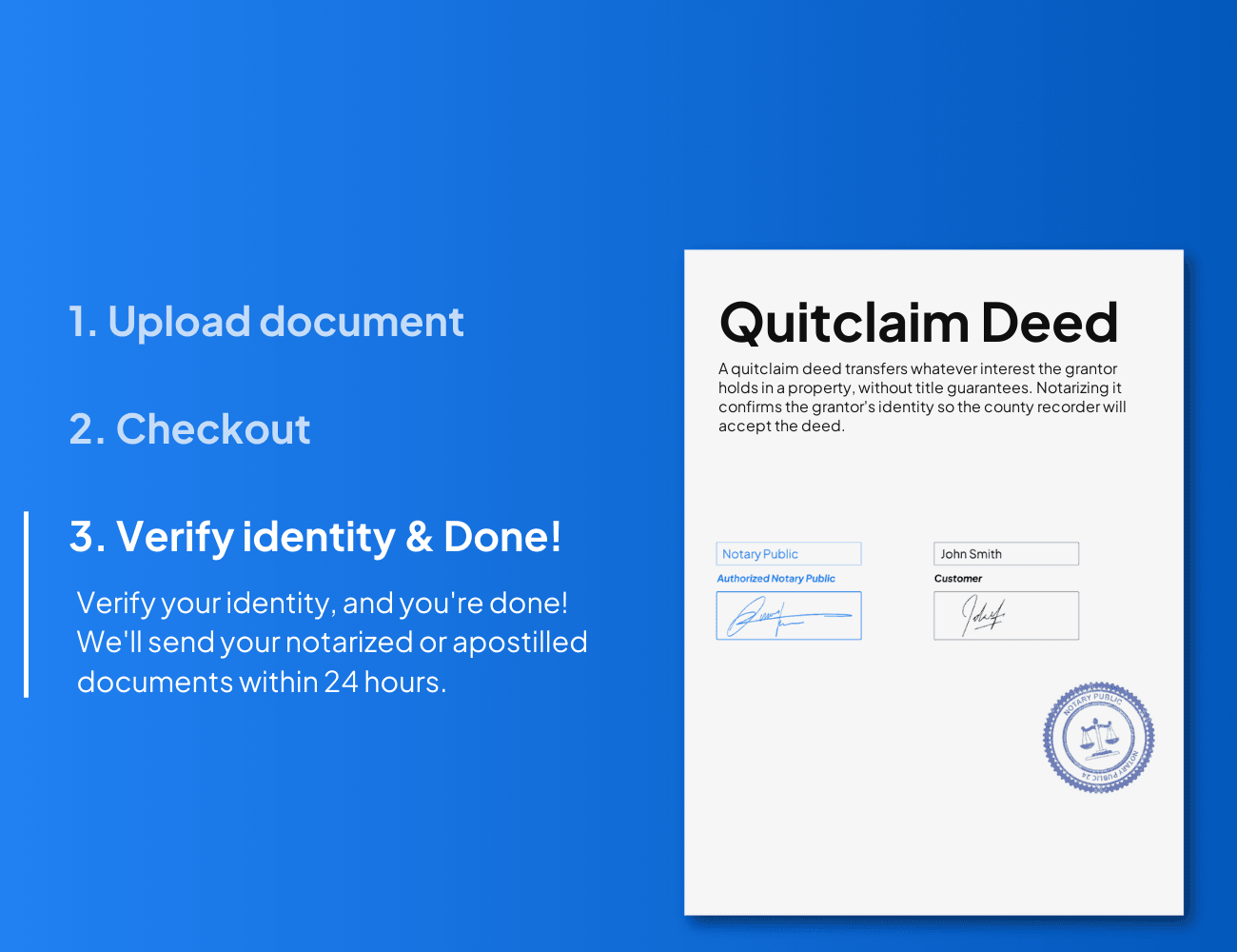 How to notarize a quitclaim deed online in three steps: upload the deed, checkout, verify identity – NotaryPublic24
