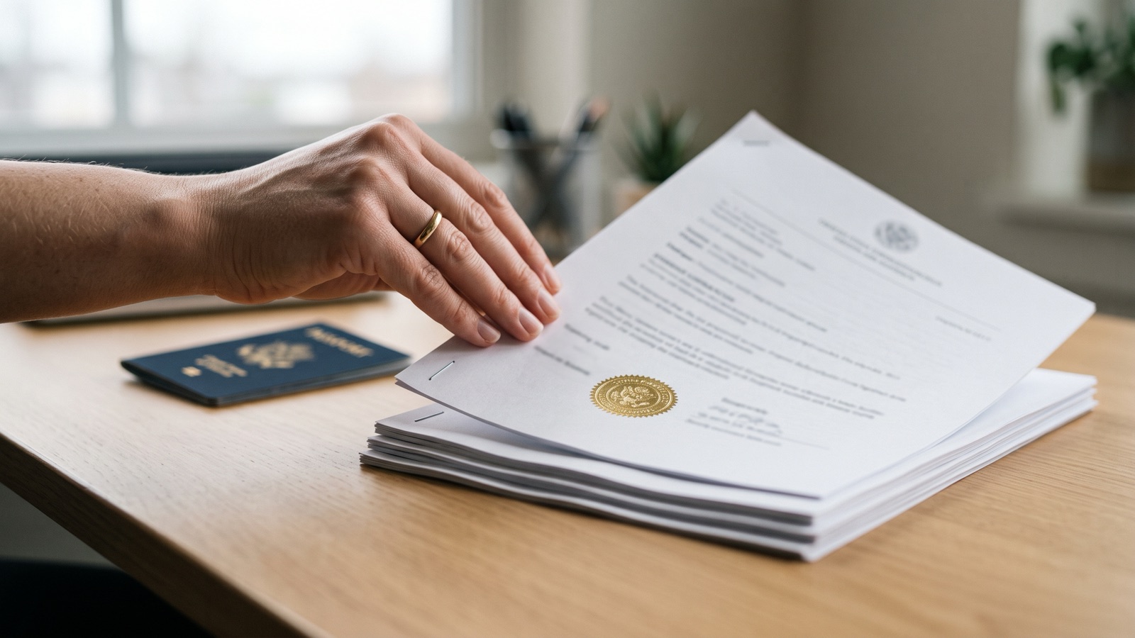 Spain digital nomad visa documents – Apostilled certificate with gold seal placed on a stack of application papers next to a passport, NotaryPublic24 Apostille and sworn translation checklist