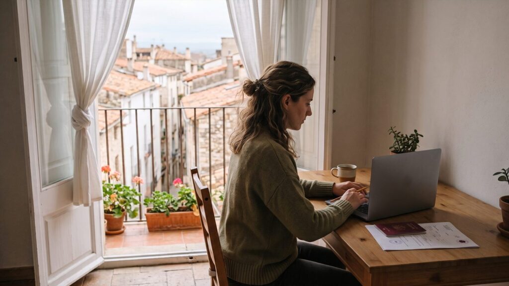 Spain Digital Nomad Visa 2026: Requirements, Documents and How to Apply 1 Spain digital nomad visa 2026 – remote worker at a laptop with passport and Apostilled documents on a desk by a Spanish balcony, NotaryPublic24 requirements and how-to-apply guide