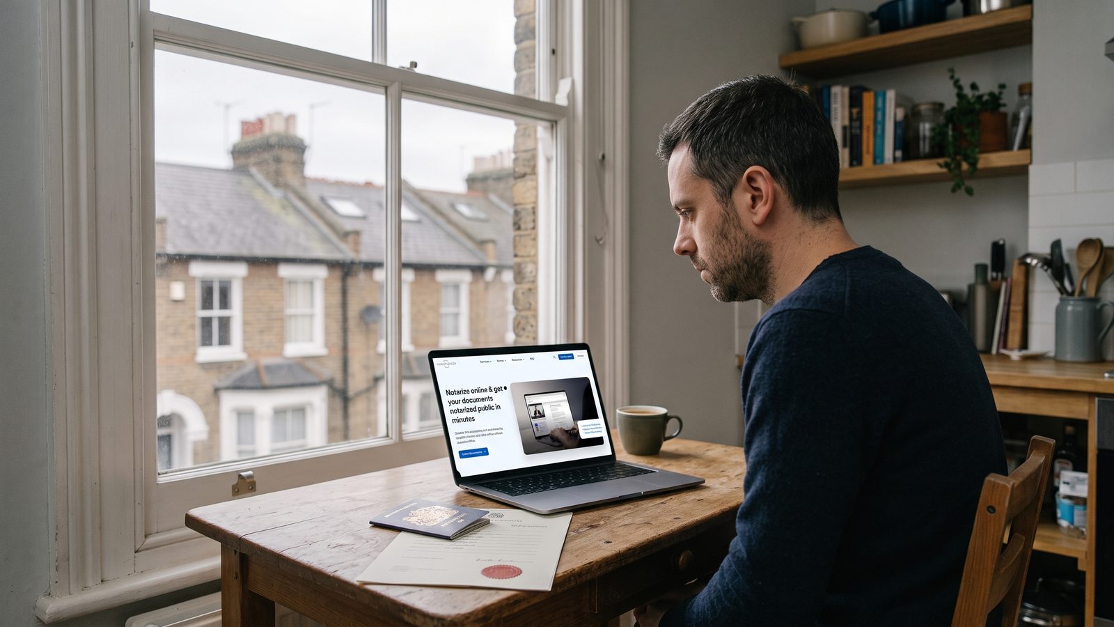 Spain digital nomad visa for UK citizens – British applicant in a London flat with UK passport and ACRO police certificate, preparing FCDO Apostille documents on the NotaryPublic24 website