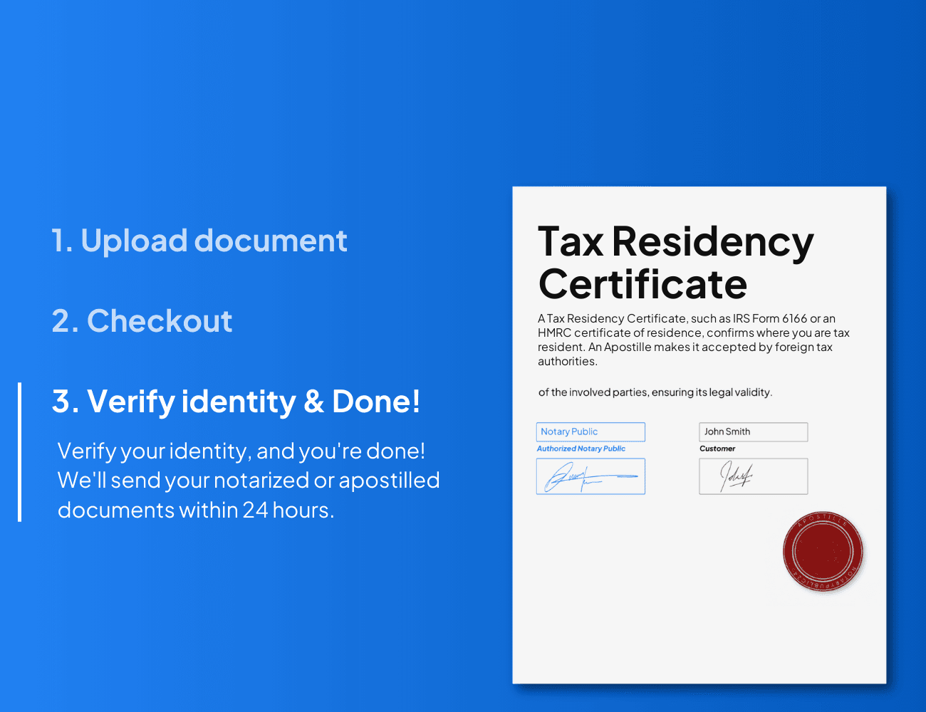 How to get an Apostille on a tax residency certificate online in three steps: upload, checkout, verify identity – NotaryPublic24
