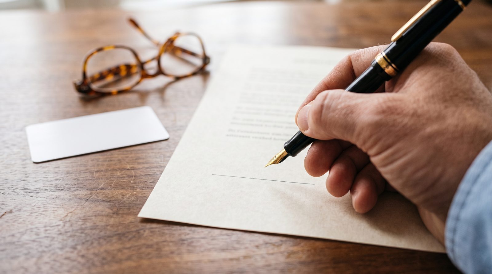 what is an affiant – affiant's hand with a fountain pen above the blank signature line of a sworn statement, an ID card and reading glasses on the desk – NotaryPublic24